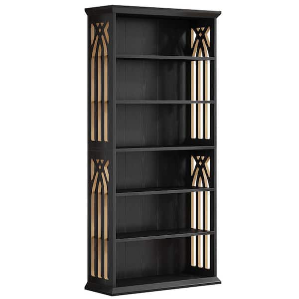 Frailey 75 in. Tall Black Wood 6-Shelf Standard Bookcase with Interior Shelves, Storage for Living Room Home and Office