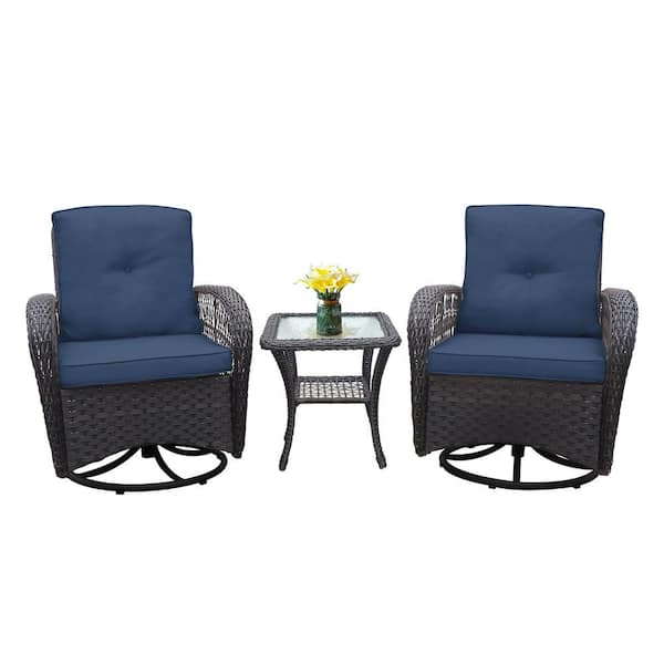 Unbranded Brown 3-Piece Wicker Patio Conversation Set with Side Table and Chairs and Blue Cushions