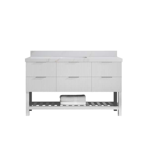 Willow Collections Catalina 60 in. W x 22 in. D x 36 in. H Single Sink Bath Vanity in White with 2 in. Calacatta Sienna Quartz Top