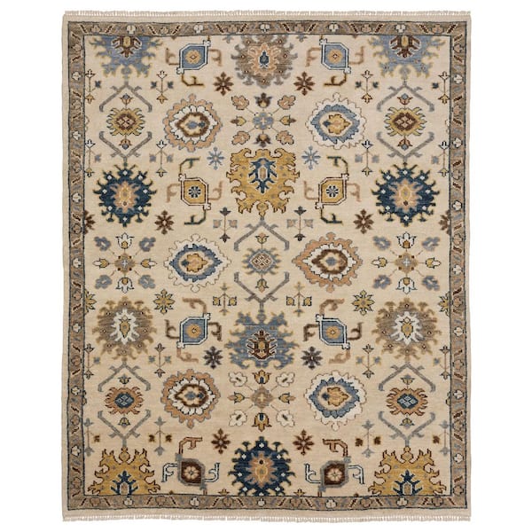 Majestic Ivory/Multi 9 ft. x 12 ft. Traditional Floral Oriental Hand-Knotted Wool Fringed-Edge Indoor Area Rug