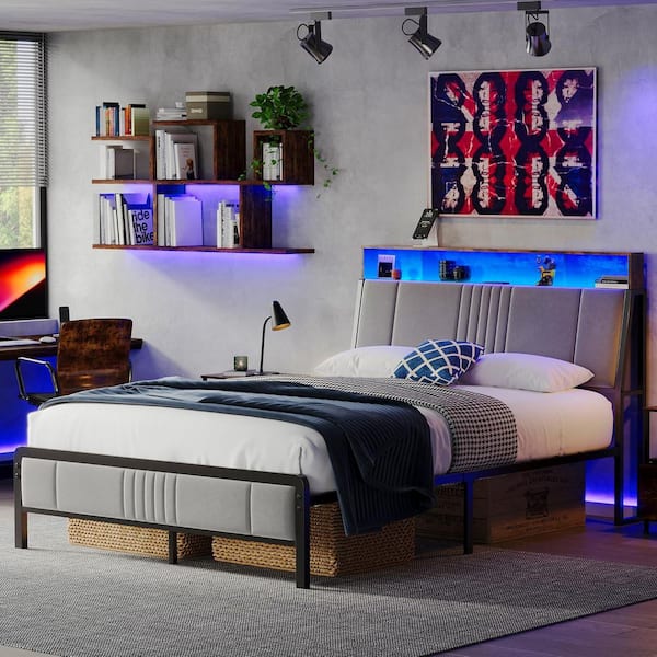Gray Iron Frame Queen Platform Bed with Storage Headboard, Charging Station, Led Lights, No Box Spring Needed, Noiseless