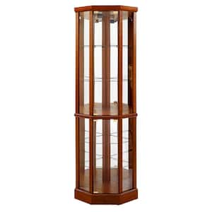 24 in. W x 19 in. D x 70 in. H Oak Brown Linen Cabinet, 6 Shelf Lighted Corner Curio Cabinet, Storage Cabinet