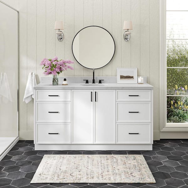 ARIEL Kelly 66 in. W x 22 in. D x 36 in. H Single Bath Vanity in White with Carrara White Quartz Top
