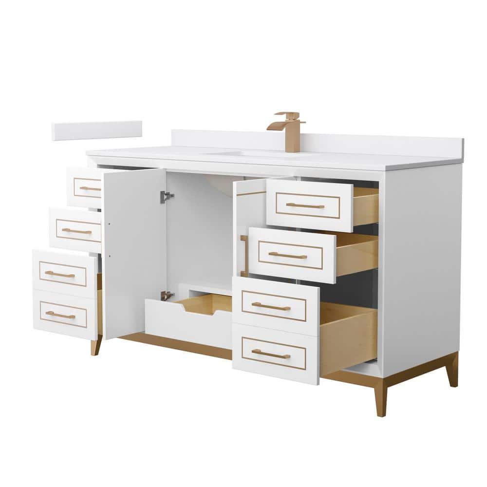 Marlena 60-Inch White Vanity with Cultured Marble Top and Satin Bronze Hardware