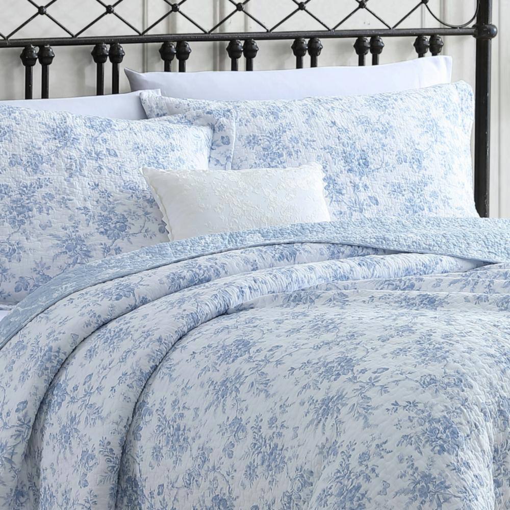 Blue Floral Cotton Reversible Full Quilt Set