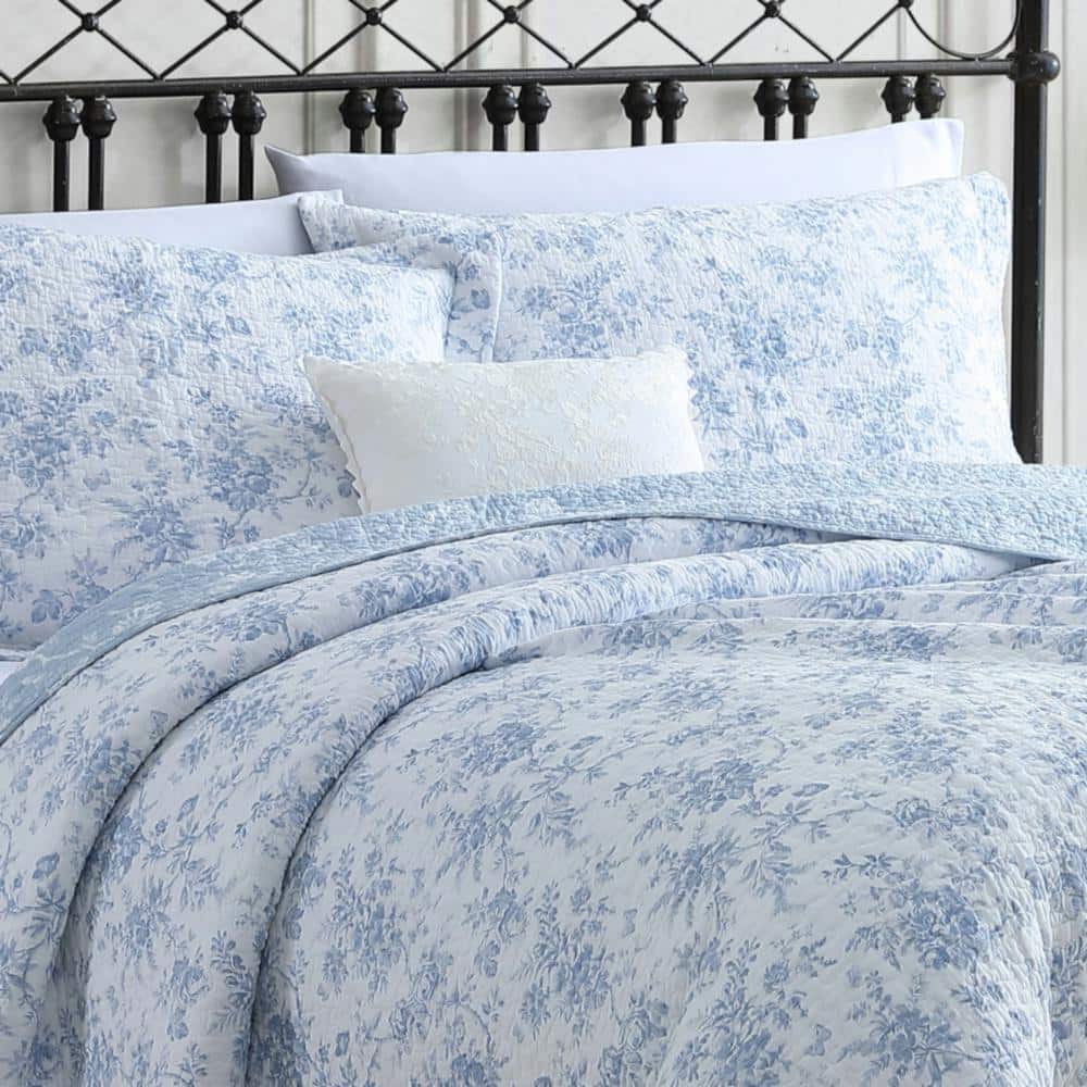 Laura Ashley Blue Floral Cotton King Reversible Quilt Set