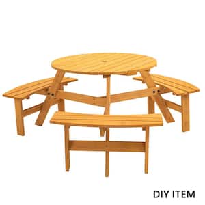 Natural 6-Person DIY Round Fir Wood Outdoor Picnic Table with Benches & Umbrella Hole, High Capacity