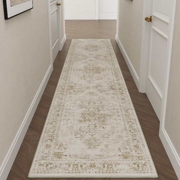 Maria Taupe 2 ft. x 8 ft. Vintage Washable Medallion Distressed Runner Rug