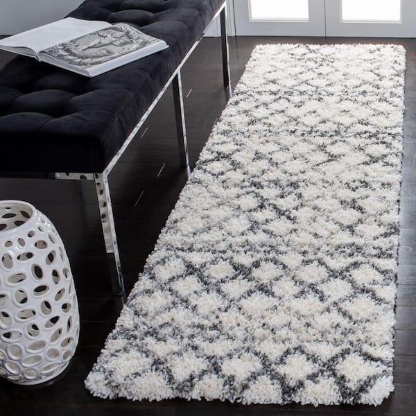Fontana Shag 2 ft. x 10 ft. Ivory/Gray Distressed Geometric Runner Rug