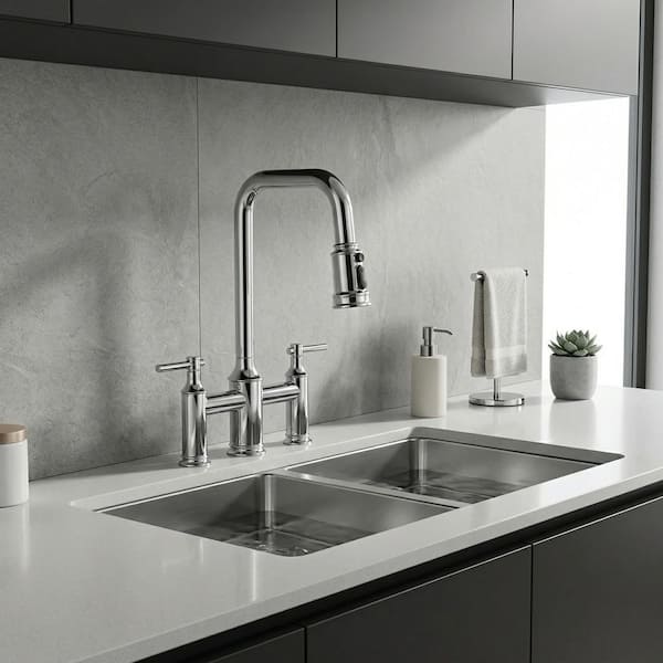 3 Patterns Double Handle Pull Down Bridge Kitchen Faucet with 360° Swivel Spout for 3 Holes in Polished Chrome