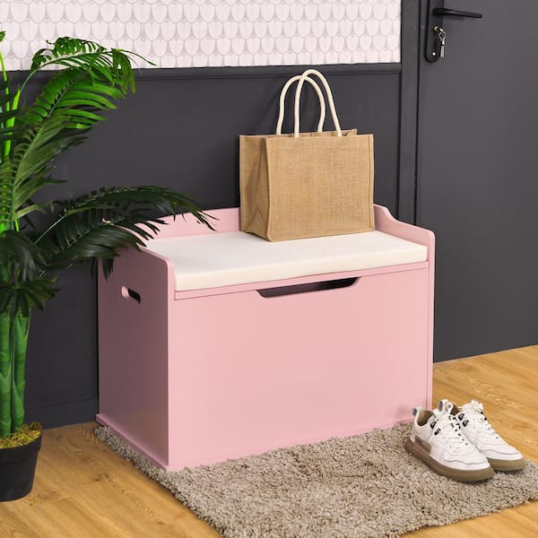 Costway Pink Kids Toy Box Wooden Flip-top Storage Chest Bench with