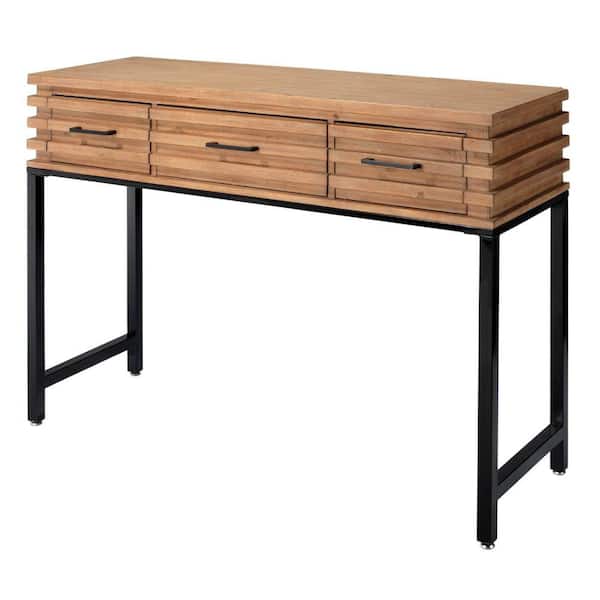 Benjara 15.75 in. Brown and Black Rectangle Wood Top Console Table with 3 Drawers and Metal Base