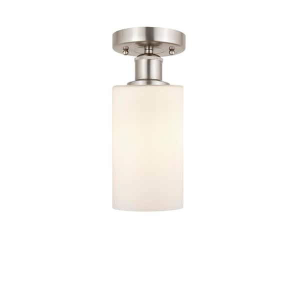Clymer 3.88 in. 1-Light Satin Nickel Art Deco Semi-Flush Mount with Frosted Glass Shade