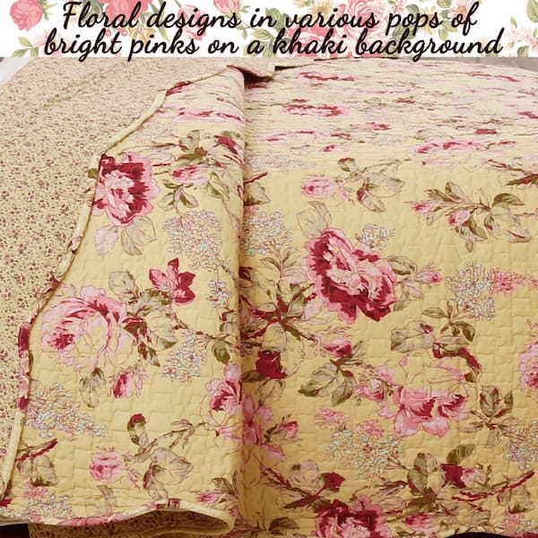 Cozy Line Home Fashions Bright Floral Blooms Country Garden 3-Piece  Scalloped Pink Khaki Cotton Queen Quilt Bedding Set BB01005039Q - The Home  Depot
