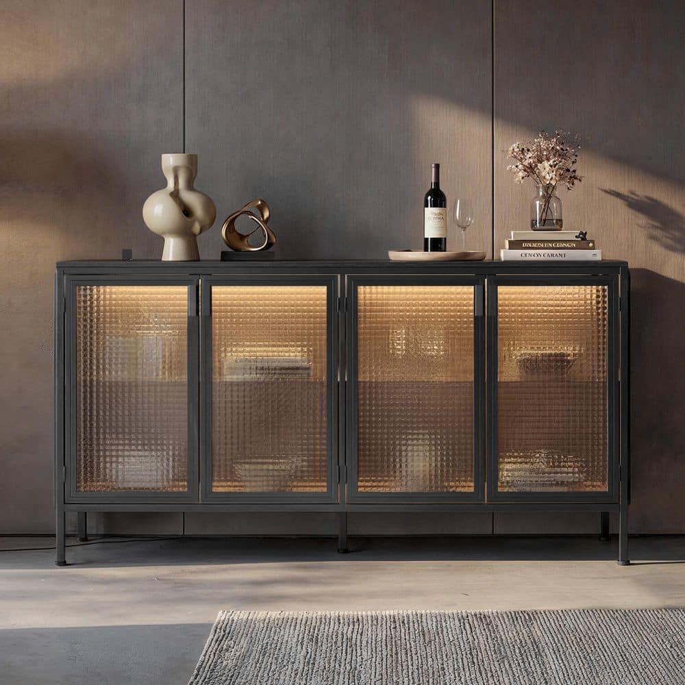 Homsee Black Engineered Wood Buffet with Textured Glass Doors, Built-In ...