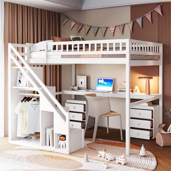 White Full Size Wood Loft Bed with Storage Staircase, Desk, Light Strip and 2 Chest of Drawers