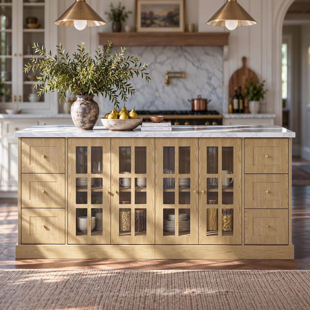 Natural Wood 78.7 in. Kitchen Island with White Top, Wine Rack, 6 Drawers, Glass Doors, 2 Cabinets, 4 Shelves