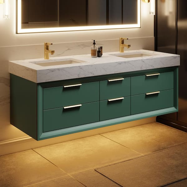 ExBrite Solidoak 60 in. W x 20.9 in. D x 21.3 in. H Double Sink Bath Vanity in Green with White Cultured Marble Top