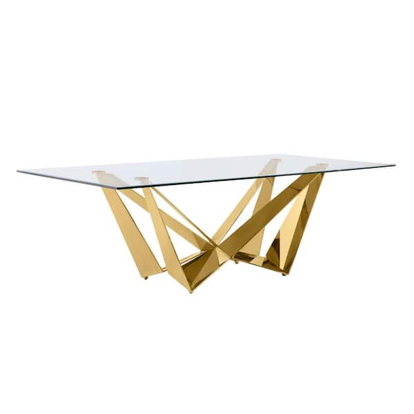 Best Quality Furniture Ermes 46 in. in Clear Glass Top 4 Legs Gold Stainless Steel Dining Table Seats 8