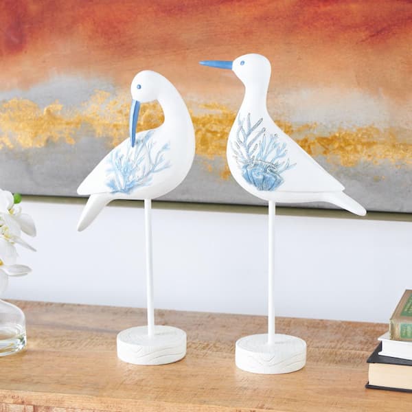Litton Lane White Polystone Bird Sculpture with Blue Coral Patterns and Wood Inspired Bases (Set of 2)