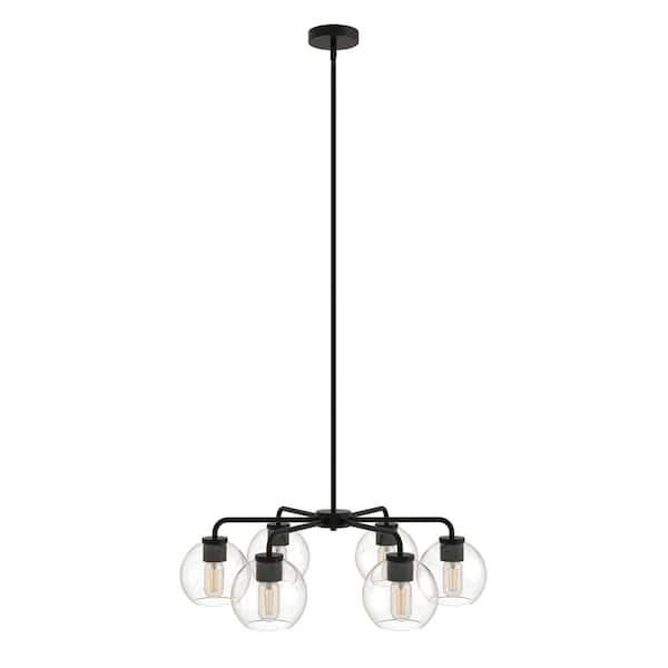 YANSUN 6-Light Black Transitional Chandelier with Glass Shade for Kitchen, Dining Room, Foyer, Convertible to Semi-Flush Mount