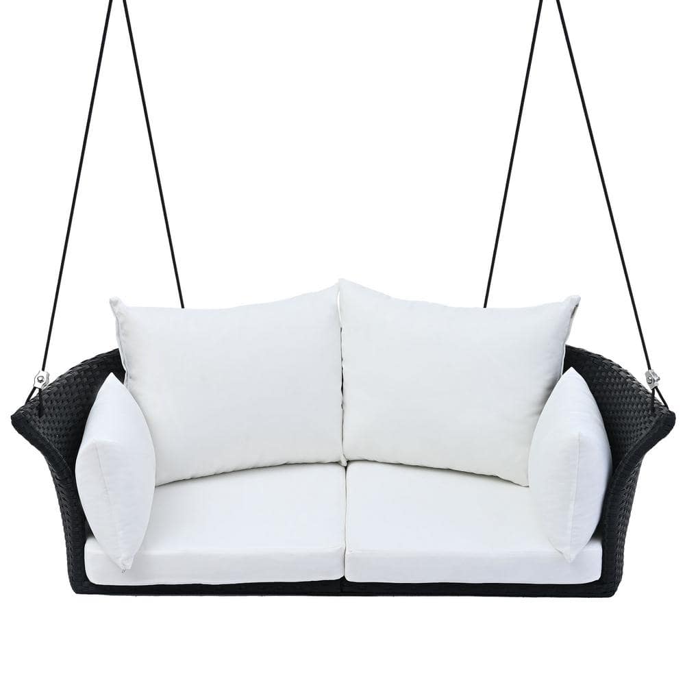 44 in. Seats 2-People Wicker Patio Swing With Ropes, Black Wicker And White