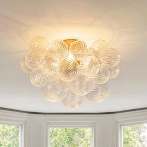 Neuvy 19 in. W 3-Light Brass Cluster Semi-Flush Mount Chandelier with Grape Swirled Glass Shades Foyer Close to Ceiling