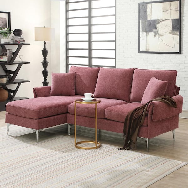 sumyeg 84 in. L-Shaped Convertible Chenille Sectional Sofa in. Pink with Reversible Chaise Lounge