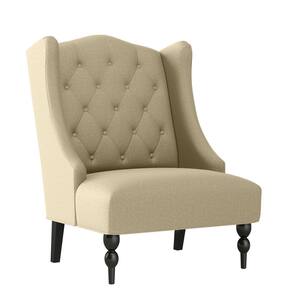 Kobi Creamy Tan Oatmeal Textured Linen-Like Fabric Button Tufted Wingback Arm Chair