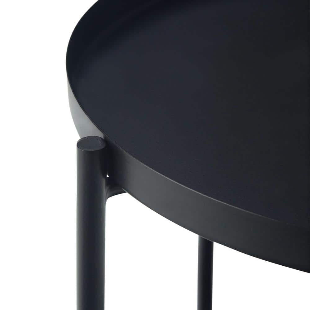 Monet Industrial Round Black Metal End Table with Removable Trays
