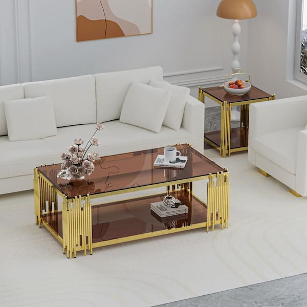 51 in. Brown Rectangle Glass Coffee Table, Tempered Glass and Stainless Steel Legs, 2-Tier Center Table for Living Room