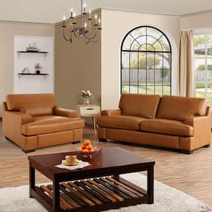 Genuine 2-Piece Leather Accent Chair and Loveseat Living Room Set, Goose Feather Cushion Filling, Square Arm Design-Tan