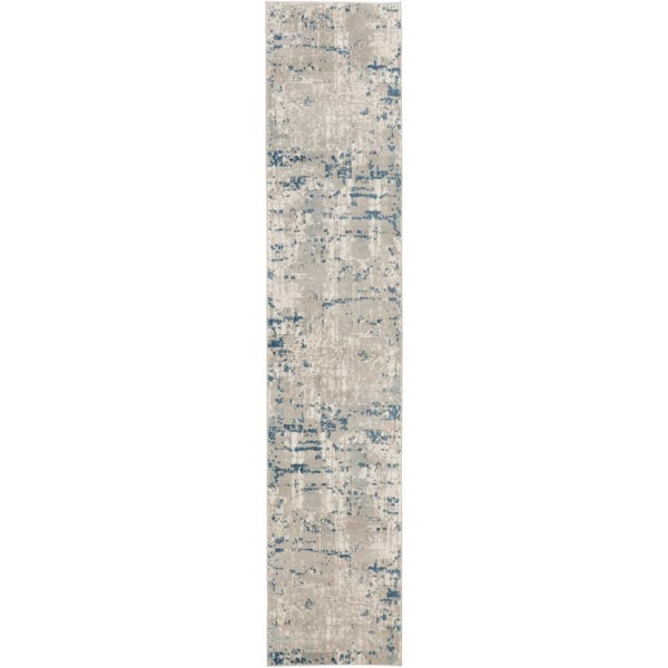 Nourison Concerto Ivory Grey Blue 2 ft. x 12 ft. Distressed Contemporary Runner Area Rug