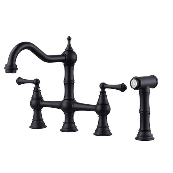 Vintage Double Handle Bridge Kitchen Faucet with Side Sprayer in Matte Black
