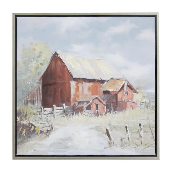 PRIVATE BRAND UNBRANDED 1- Panel Landscape Barn Framed Wall Art with Silver Frame 28 in. x 28 in.