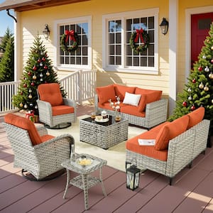 Holston 8-Piece Wicker Modern Outdoor Patio Conversation Sofa Sectional Set with Swivel Chairs and Orange Red Cushions