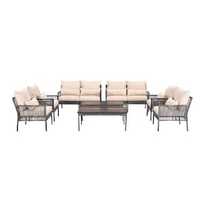 10-Piece Wicker Outdoor Patio Conversation Set with Beige Cushions