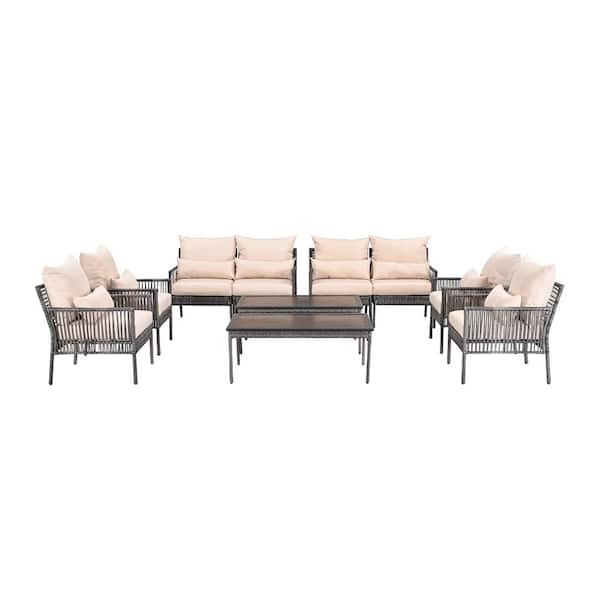 Patio Festival 10-Piece Wicker Outdoor Patio Conversation Set with Beige Cushions