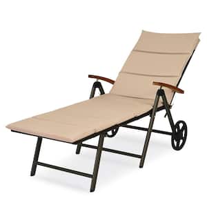 Brown Folding Wicker Outdoor Chaise Lounge Chair with Beige Cushions and Wheels