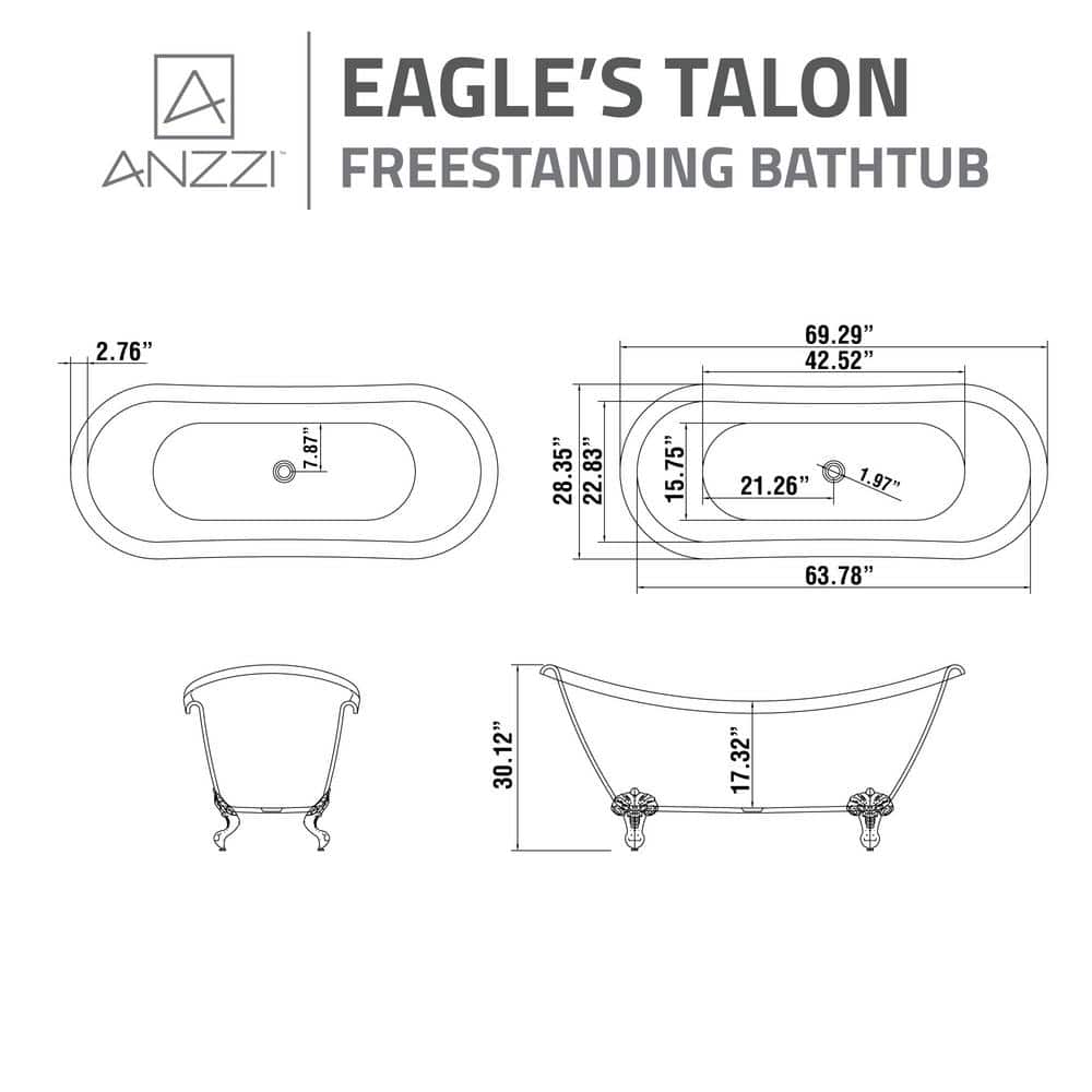 Belissima 69'' White Acrylic Clawfoot Freestanding Bathtub