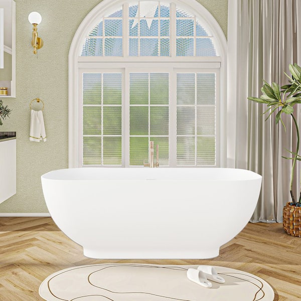 ANGELES HOME 65 in. x 29.5 in. Stone Resin Solid Surface Freestanding Soaking Bathtub with Center Drain in Matte White