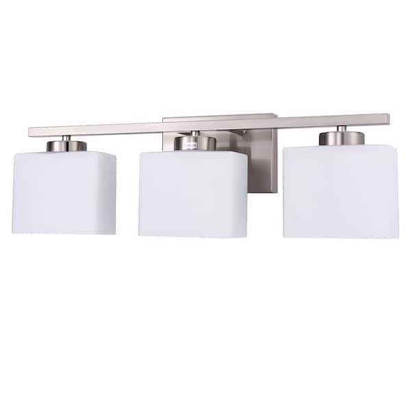 Briignite 22 in. 3 Light Nickel Vanity Light with White Glass Shades for Bathroom Bedroom Hallway