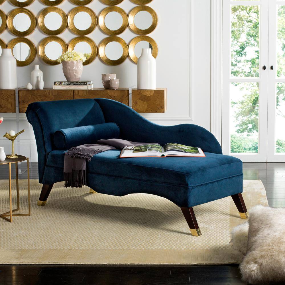Navy Velvet Transitional Chaise with Gold Cap Legs and Pillow