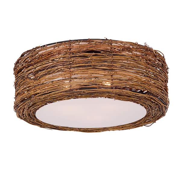 OUKANING 15.75 in. 1-Light Brown Modern Rattan Flush Mount Ceiling Light with Drum Shape Woven Shade, No Bulbs Included