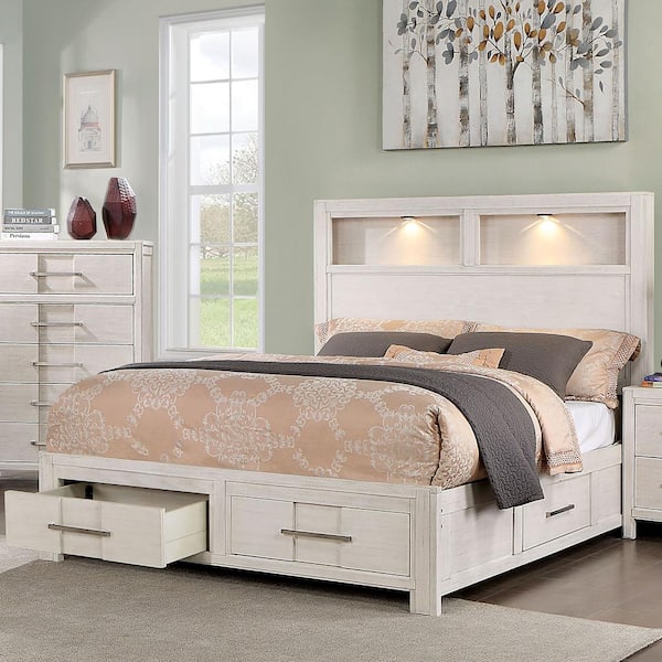 Vonita White Wood Frame California King Platform Bed with Storage