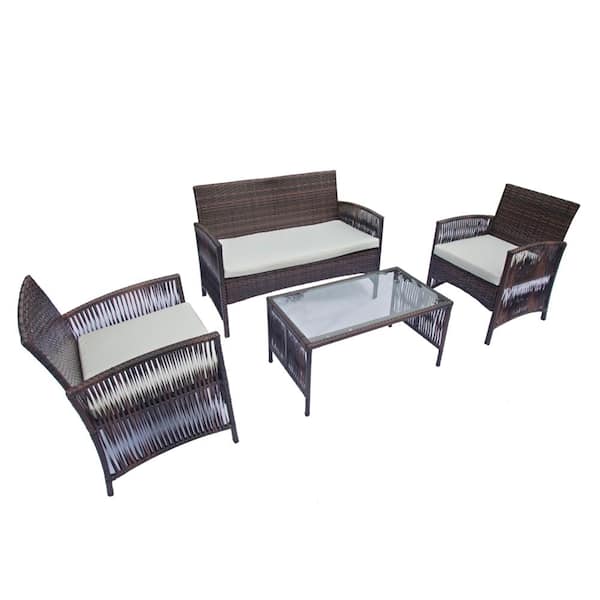 Cesicia 4-Piece Brown Wicker Patio Conversation Set Outdoor Sectional Set with White Cushion and Coffee Table for Backyard