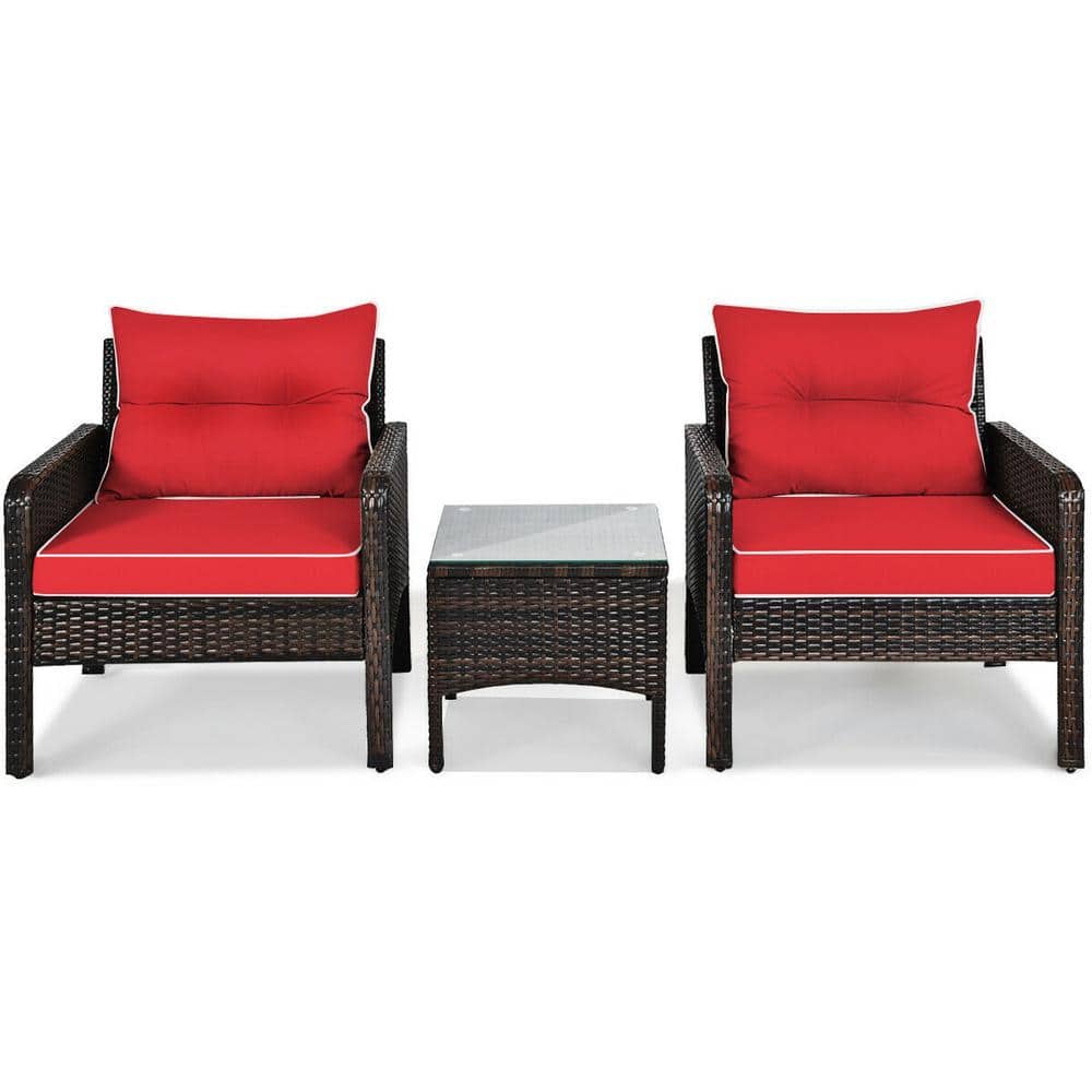 Outdoor 3-Pieces Outdoor Patio Rattan Conversation Set with Seat Cushions, 