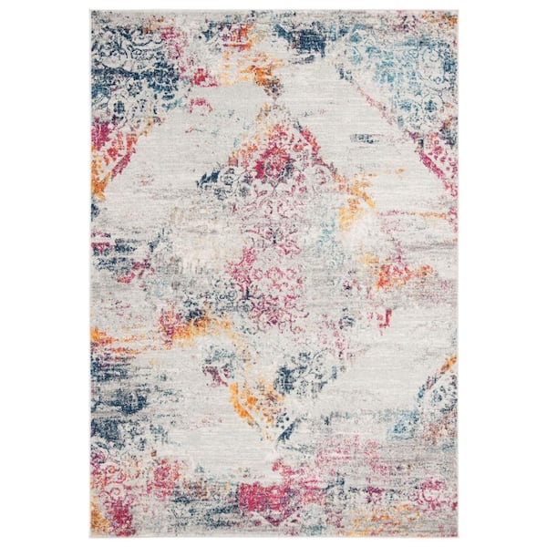 SAFAVIEH Madison Light Grey/Fuchsia 6 ft. x 9 ft. Border Floral Geometric Medallion Area Rug