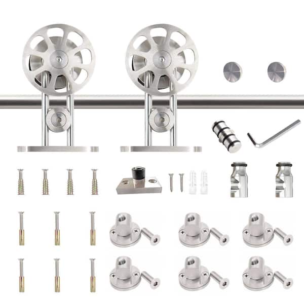 WINSOON 8 ft./96 in. Stainless Steel Sliding Barn Door Hardware Kit Spoke Wheel for Single Door with Non-Routed Floor Guide