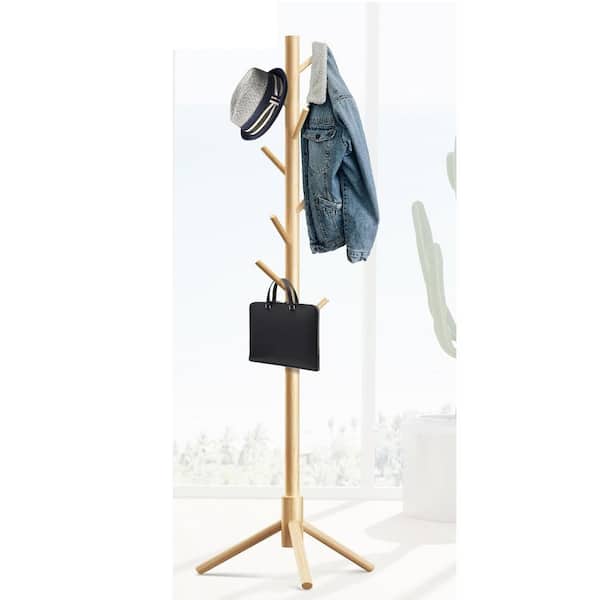 Wooden Coat Rack Stand Brown Pine with 8 Adjustable-Hooks Easy Assembly Stable Tree for Entryway Bedroom